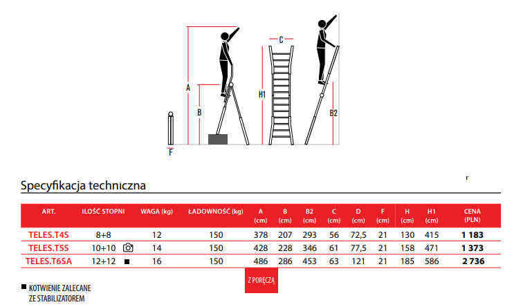 DRABINA TELESKOPOWA SKŁADANA FARAONE SUPER TELES MOD. TELES.T4S. 3,78M + STABILIZATOR