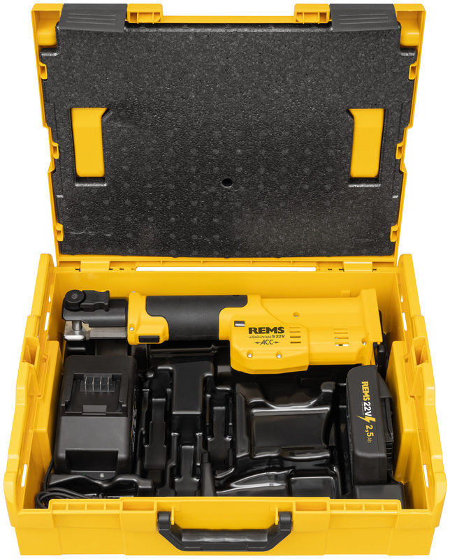 REMS MINI-PRESS S 22 V ACC AKUMULATOROWA PRASA PROMIENIOWA Z WYMUSZONYM POWROTEM BASIC-PACK (Z AKUMULATOREM I ŁADOWARKĄ) 10-40 MM, 3/8 - 1 1/4 " + 3 CĘGI