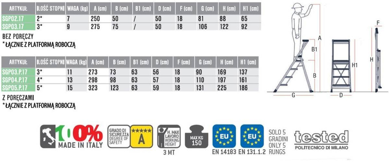 SCHODY ALUMINIOWE ZE STOPNIAMI ZE STALI NIERDZEWNEJ FARAONE SGP05.P.17 (+ PORĘCZ)