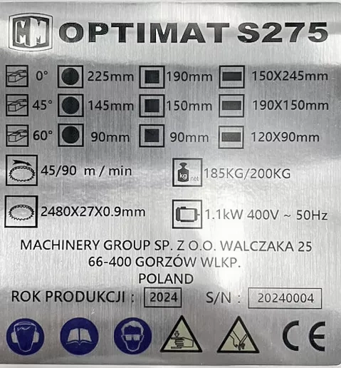 PIŁA TAŚMOWA, PRZECINARKA DO METALU OPTIMAT S275 225 MM 400V (SKRĘTNE RAMIĘ)
